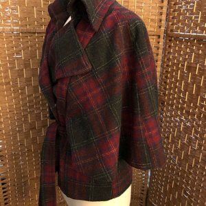 Burgundy Dark Gray Plaid Cape Jacket Red Gray Poly